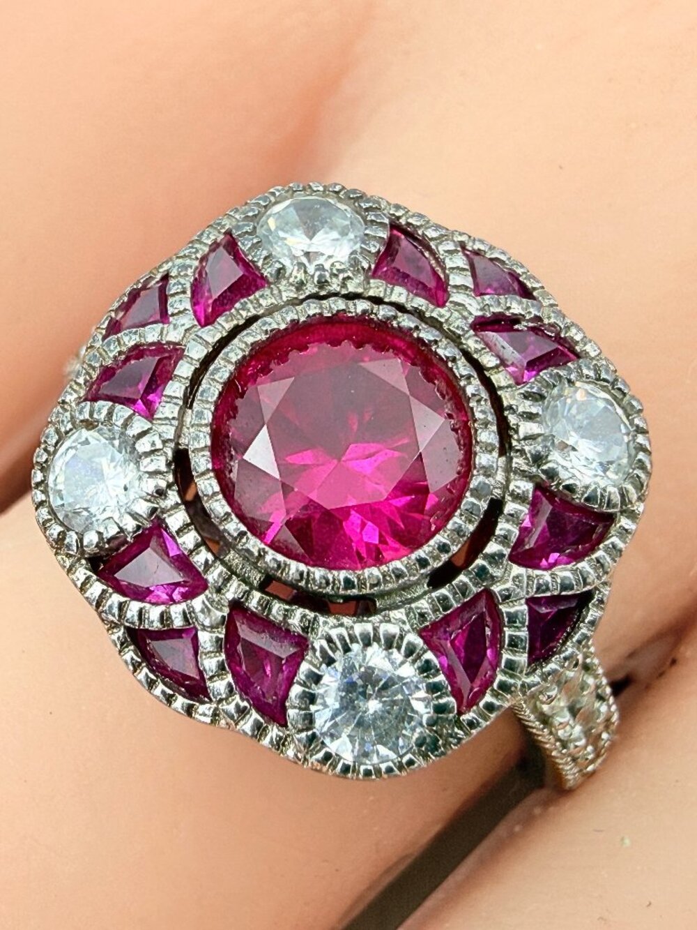 Dainty Art Deco Style Marked Sterling Silver Pink Lab Sapphire CZ Ring Sz 9
